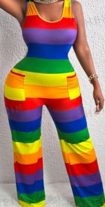 Adult Female Costumes to Hire - Rainbow striped Jumpsuit - LARGE